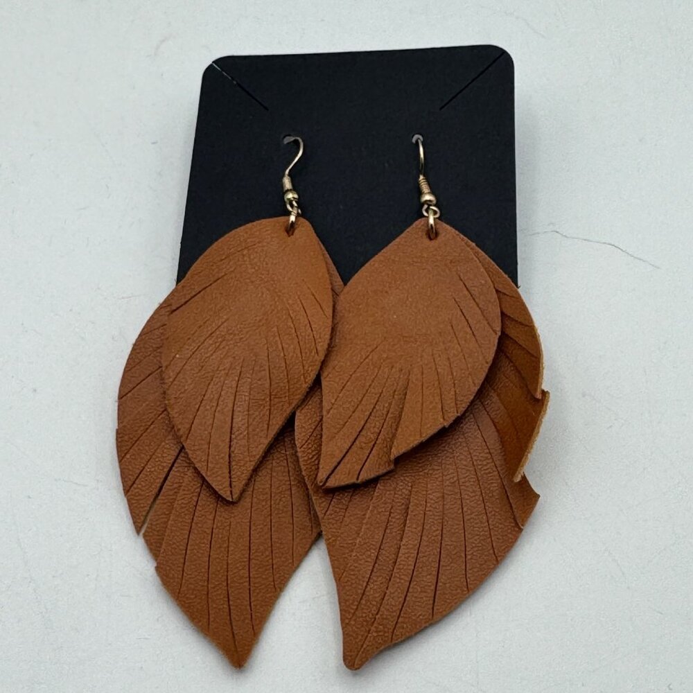 Brown Leather Layered Leaf Design Dangle Earrings With Fishhook Backing